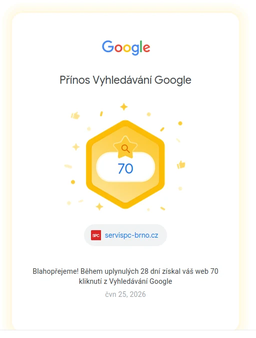 Oficiální ocenění Google Search Console: 70 kliknutí za 28 dní — servispc-brno.cz