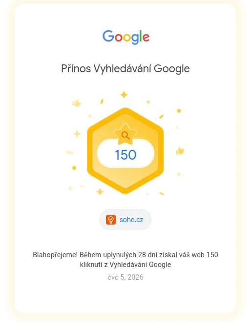 Oficiální ocenění Google Search Console: 150 kliknutí za 28 dní — sohe.cz
