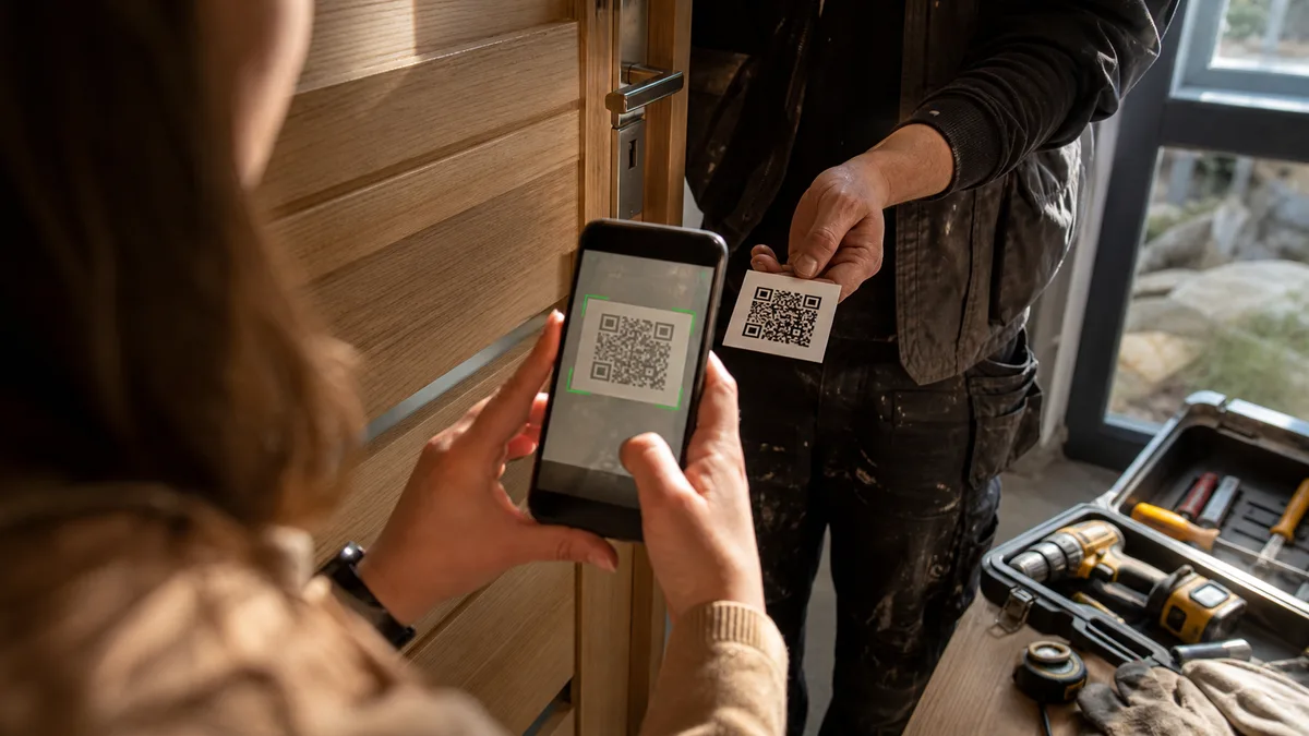 Řemeslník předává zákazníkovi u dokončené zakázky kartičku s QR kódem pro napsání recenze, zákazník ji načítá mobilem