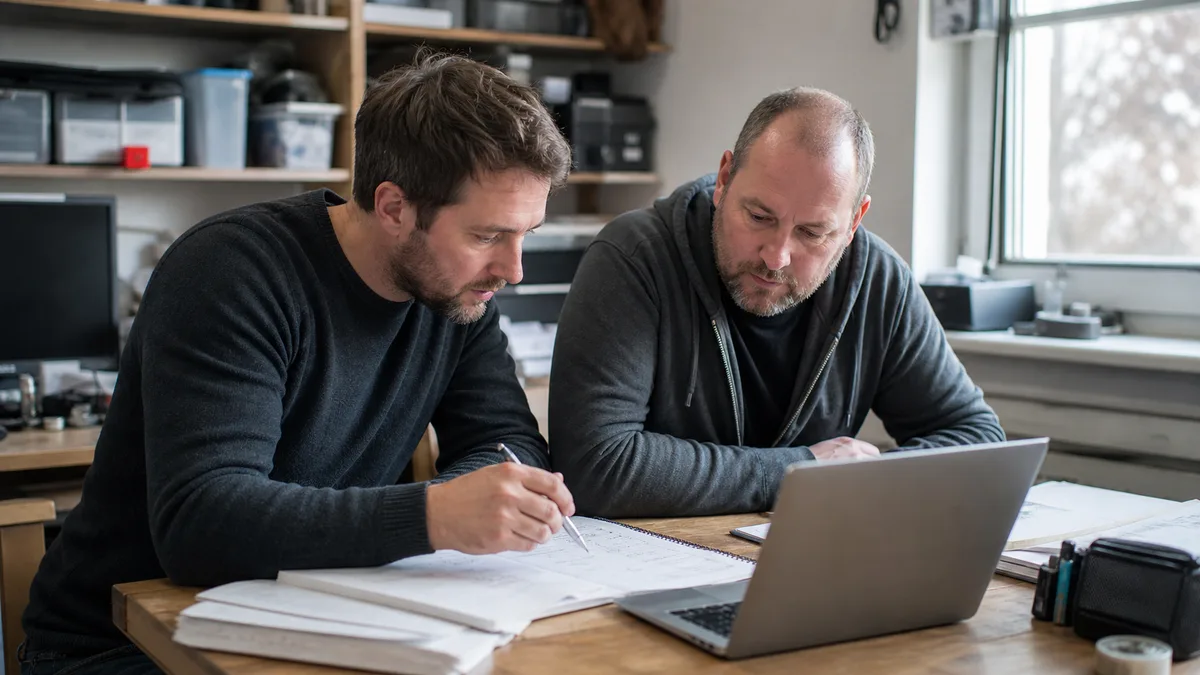SEO konzultant a majitel malé firmy sedí u stolu nad notebookem s otevřeným webem firmy a procházejí poznámky k úpravám