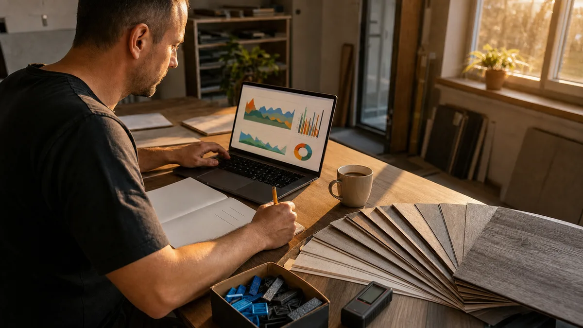 Podlahář sedí u dřevěného stolu, na notebooku má otevřené barevné grafy výkonu webu a tužkou si zapisuje poznámky do bloku; vedle leží vzorník vinylových podlah, laserový metr, krabička s distančními klínky a hrnek s kávou.