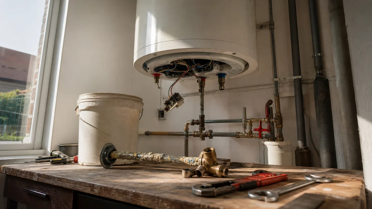 Technická místnost rodinného domu bez lidí: nástěnný elektrický bojler s odkrytým spodním krytem a viditelným zapojením, pod ním ponk s kbelíkem, zkorodovanou přípojnou hadicí, mosaznými fitinkami a klíči — typická zakázka, kterou zákazník hledá ve vyhledávači