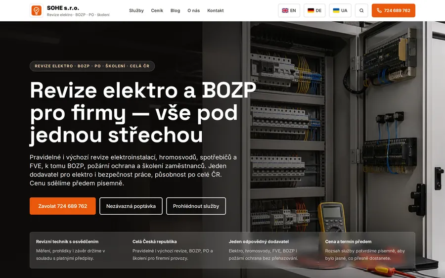 Náhled webu SOHE.cz — revize elektro, BOZP a PO pro firmy