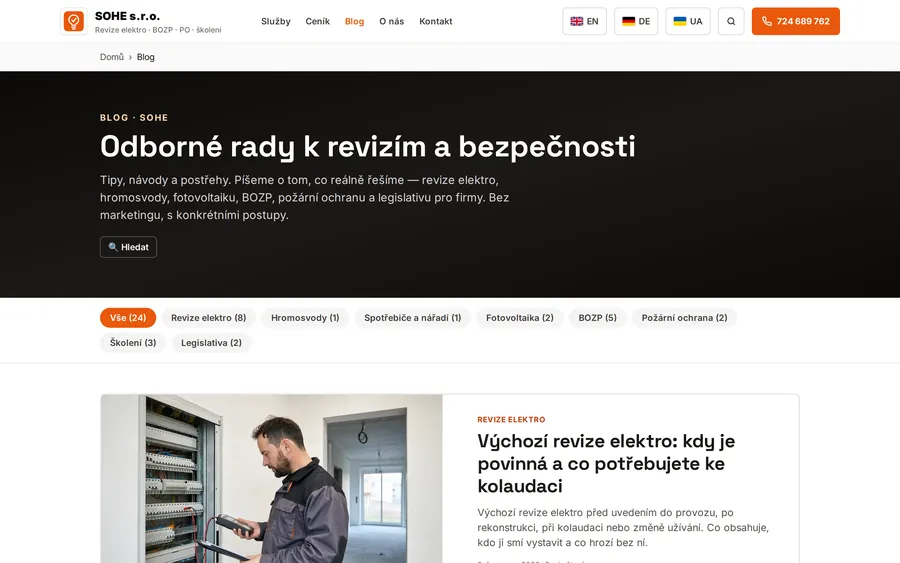 Reálný web SOHE.cz — sekce blogu s odbornými články